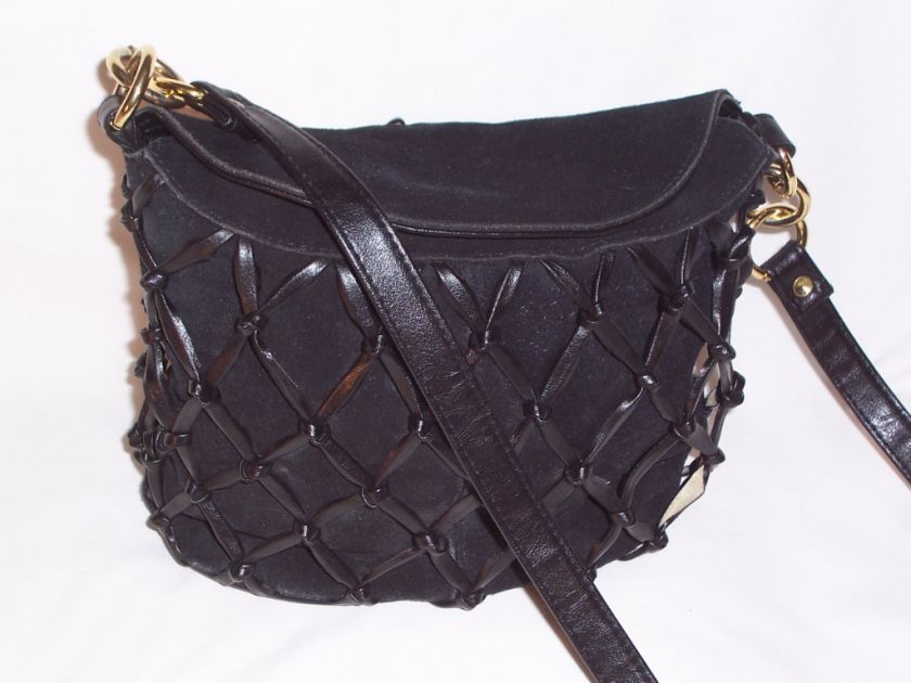 Tianni Black Suede Woven Handbag Purse Gold Hardware  