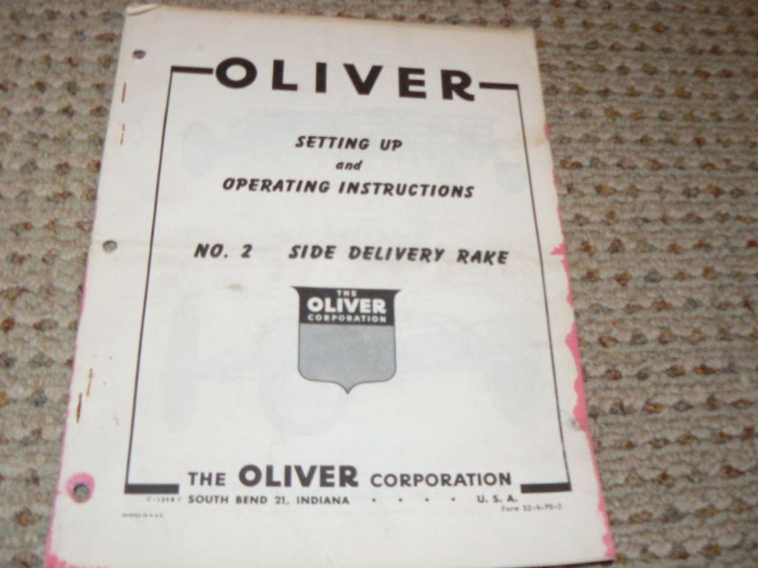 Oliver Tractor No. 2 Side delivery Rake Operators manual  