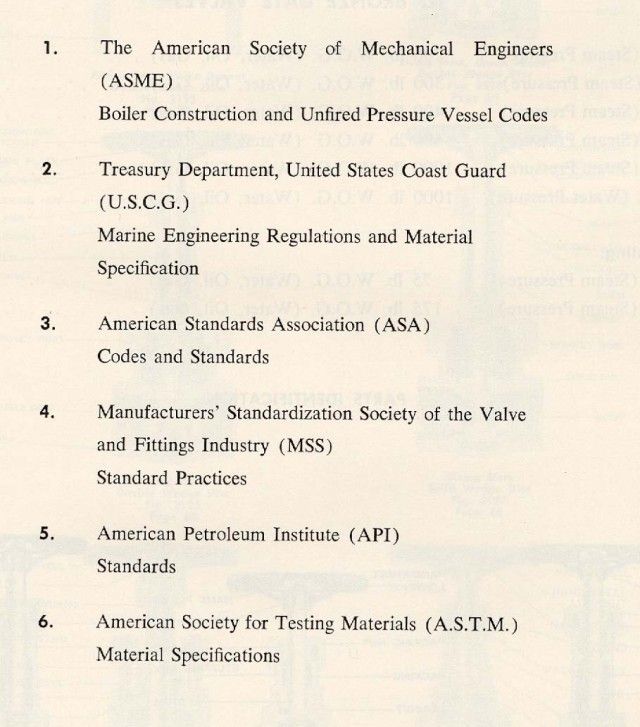 codes standards and specifications for the following list of 