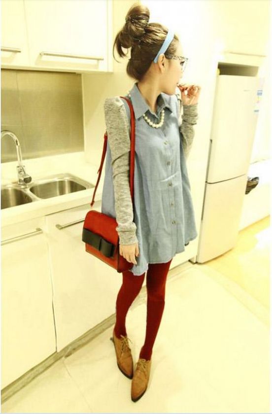 Womens Casual T shirts long Sleeve Lapel Blue Jean blouse Denim Shirt 