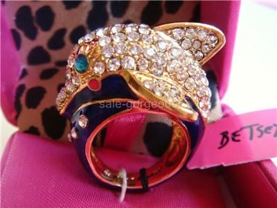 Betsey Johnson Mermaids Tale Blue Enamel Pave Dolphin Ring 7  