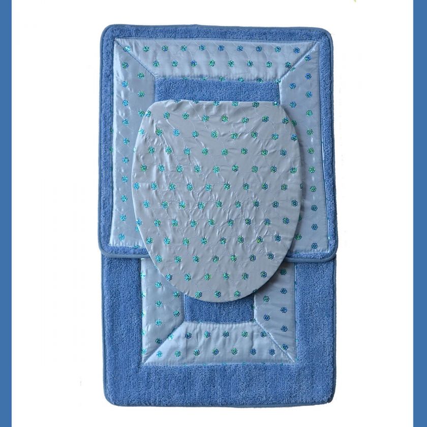 BLUE 3 Piece Bathroom RugMat SETBath Mat,Contour Rug,Toilet Seat Lid 