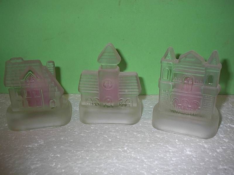 Lot 3 Frost Glass Village Building Votive Candle Holder  