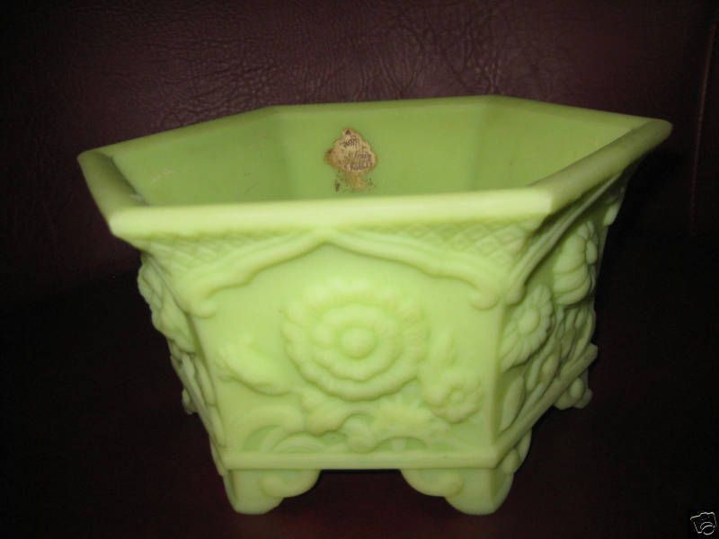 VINTAGE FENTON GREEN SATIN GLASS PLANTER, Chrysanthemum  