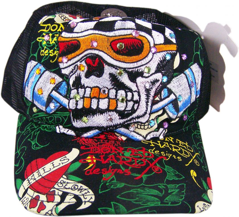 Ed Hardy Skull Piston Love Rhinestones Trucker Hat Cap  