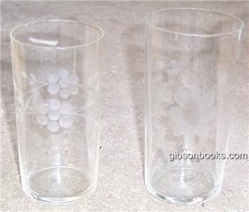 Two Vintage Floral Etched Clear Drinking Glasses  