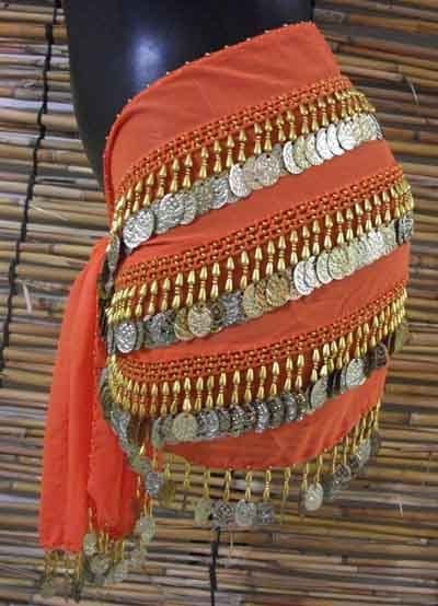 Egyptian Belly Dance / Belt / Hip Scarf / Gold Coins / Orange / Beads 