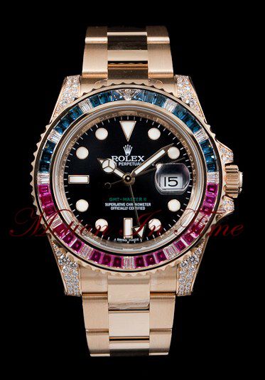 Rolex GMT Master II 18kt Yellow Gold Baguette Diamond Ruby & Sapphire 