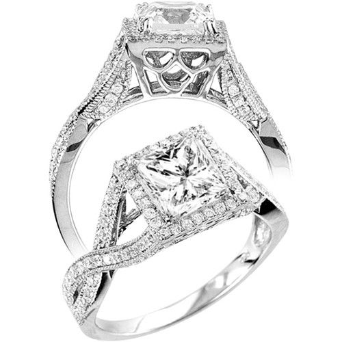 PRINCESS CZ TWISTED SPLIT SHANK FANCY ENGAGEMENT RING .925 STERLING 