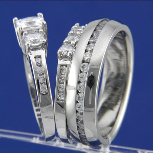 3pcs HIS HERS Engagement Wedding Band Ring Set Princess Cut Mens and 