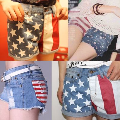 Celebrity Style Sporty Fave Flag Hot Pants Hotpant Angled Denim Shorts 