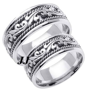  WHITE GOLD THICK 8MM & 9MM COMFORT FIT WEDDING BAND SET ON A UNIQUE 