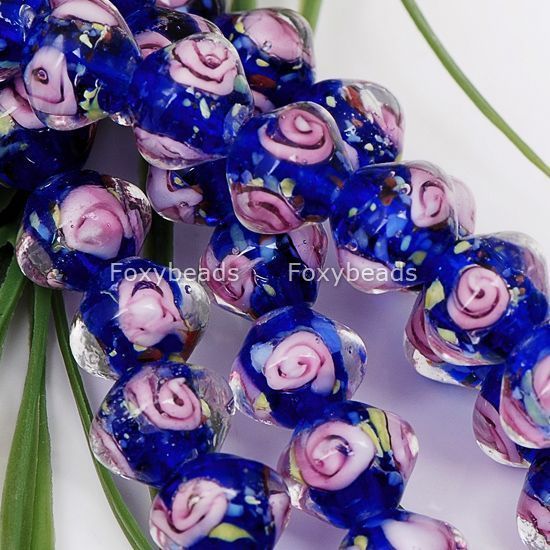 12 BLUE HANDMADE LAMPWORK GLASS BICONE GEM LOOSE BEADS  