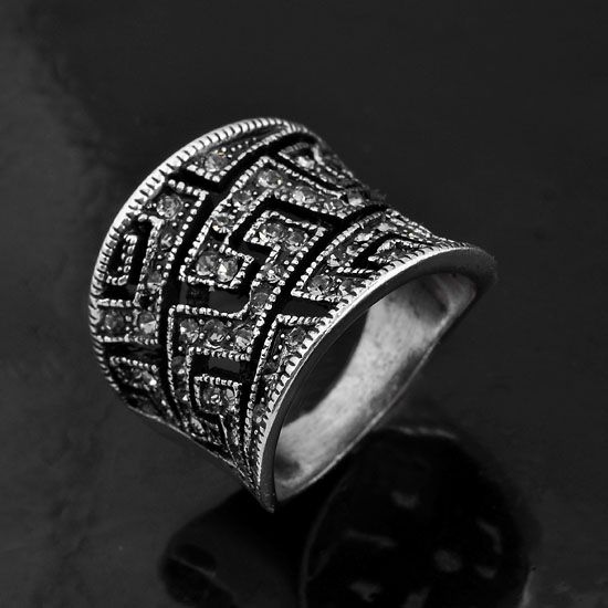 Fashion Ring,Pave Czech Rhinestone Square Vintage Maze  