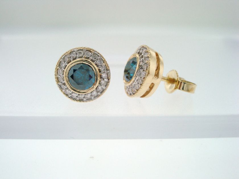   YELLOW GOLD BLUE & WHITE DIAMONDS STUD EARRINGS MICRO PAVE SET  