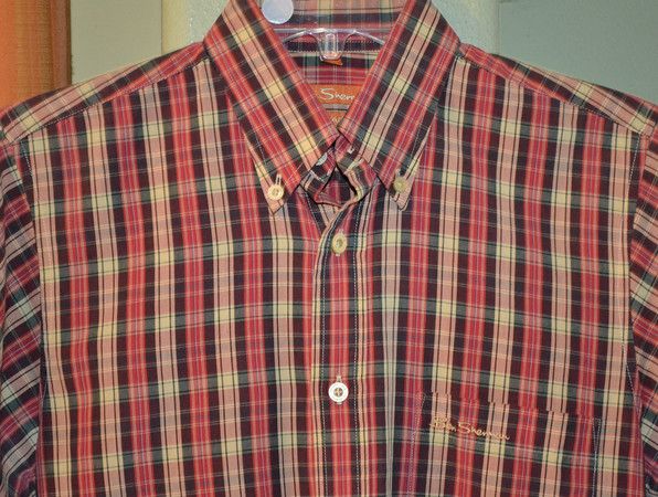 BEN SHERMAN VINTAGE SHORT SLEEVE RED BROWN BLUE CHECKERED PLAID SHIRT 