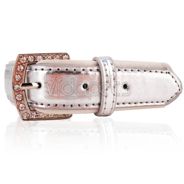 12 15 Silver Metallic Leather Bone Dog collar Small  