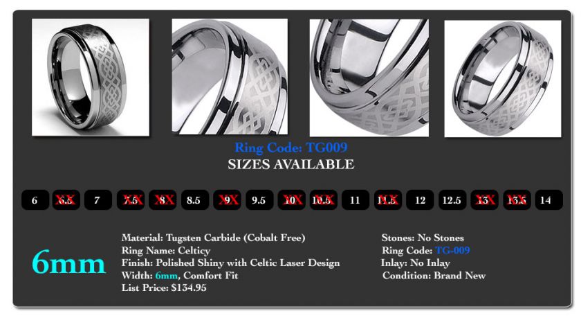 Tungsten Carbide Men Ring Wedding Band Size 6   14  