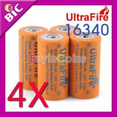 New 4 x UF UltraFire 16340 CR123A 3.6V 880mAh Rechargeable Li Ion 