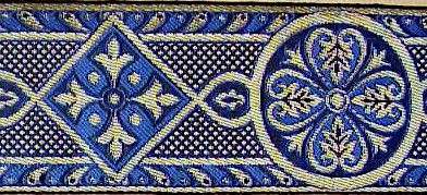 neo gothic, medieval motif is jacquard woven in blue and metallic 