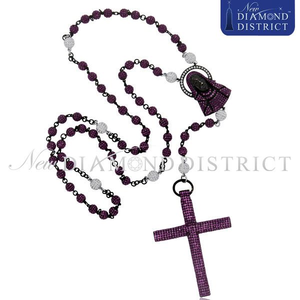 MENS 14K GOLD 60.77CT DIAMOND & RED SAPPHIRE ROSARY CROSS & BALL 