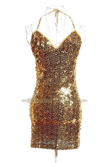 gold lady cotton sequins backless cocktail mini dress  