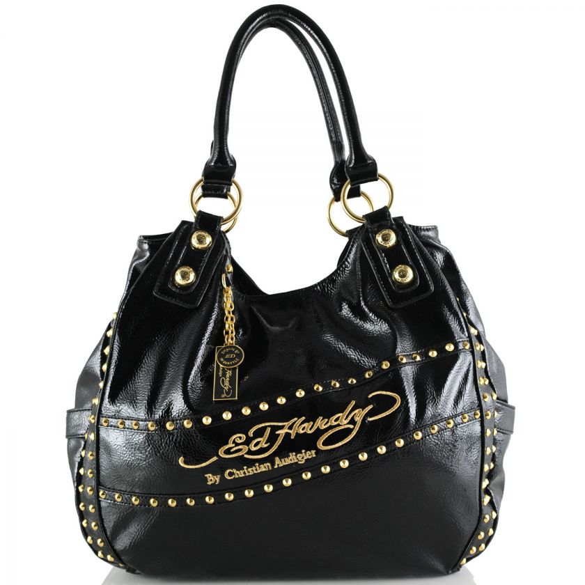 Ed Hardy Selena Patent Leather Hobo Bag   Black  