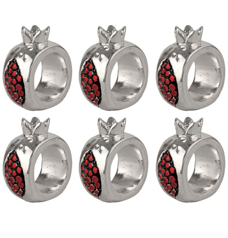 Unique 925 EF Silver 6 Napkin Rings set Pomegranate art  