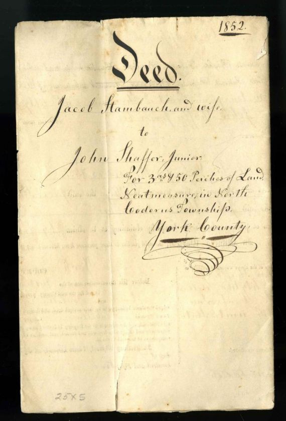 1852 antique DEED~ STAMBAUCH SHAFFER~CODORUS york pa  