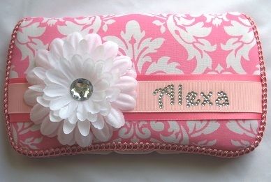 Candy Pink Damask Baby Wipe Case NAME Rhinestone FLOWER  