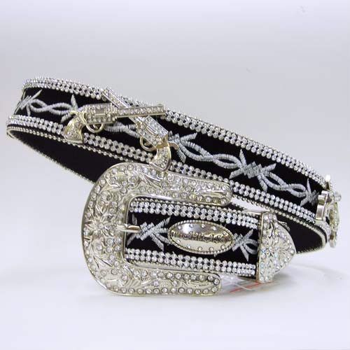 Barbed Wire Rhinestone Guns Pistols Black Western Belt  