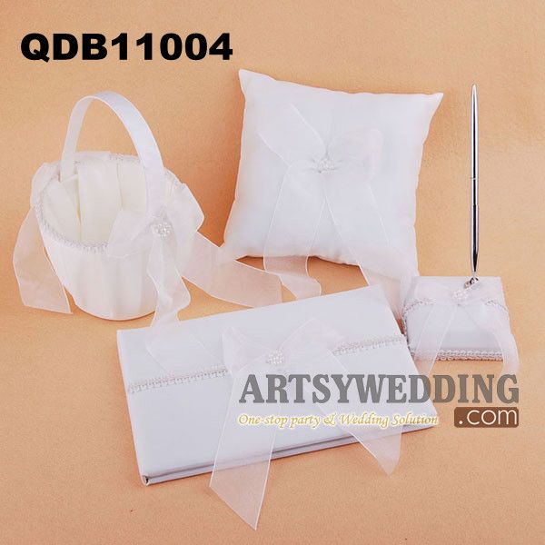 Wedding Guest Book, Pen, Ring Pillow, Basket Set (White+Black&Red)