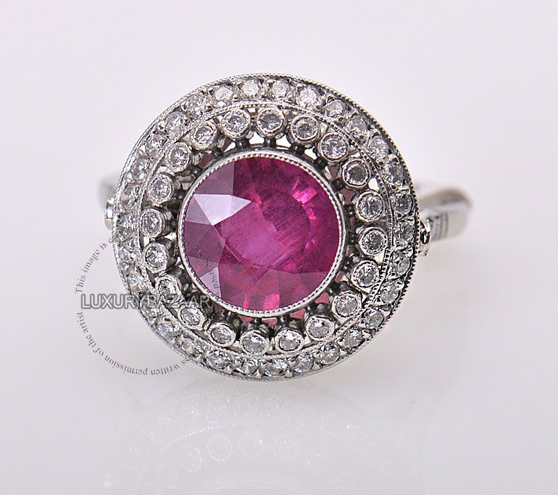 Estate Platinum Diamond Burmese Ruby Round Ring  