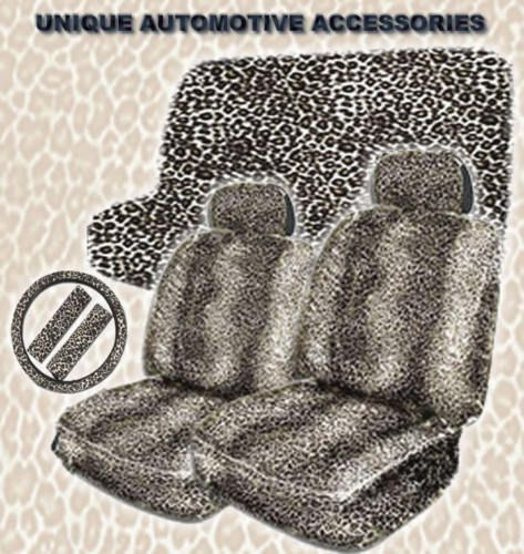 9PC BLACK WHITE CHEETAH LOW BACK SEAT COVERS STEERING  