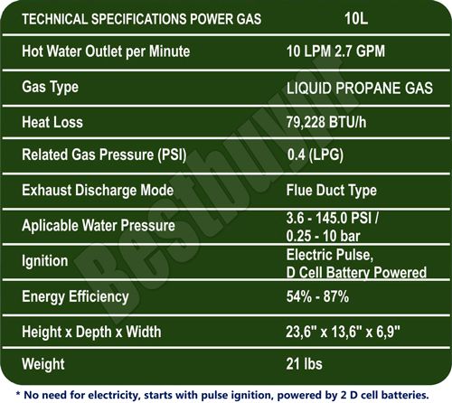   GPM PROPANE GAS TANKLESS WATER HEATER ON DEMAND GA10LP  