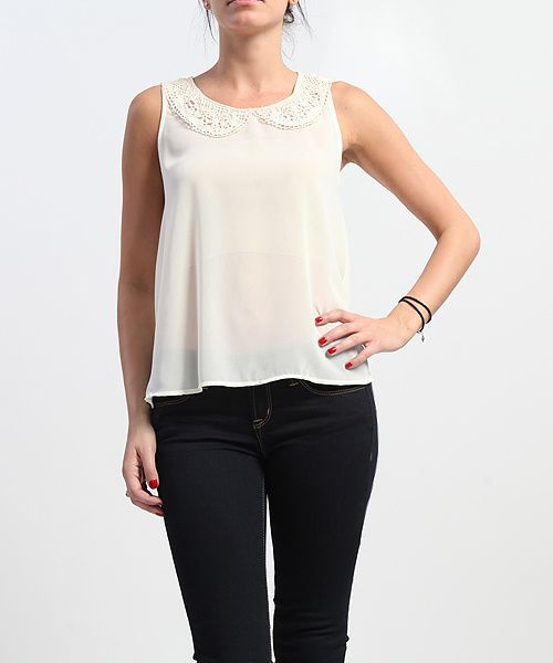 MOGAN Peter Pan Crochet Collar Chiffon TANK BLOUSE Demure Crepe 