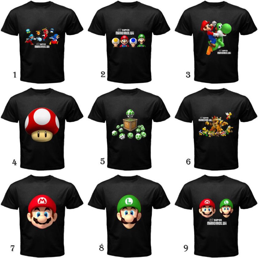 NEW SUPER MARIO BROS WII BLACK T SHIRT #2 (9 DESIGN)  