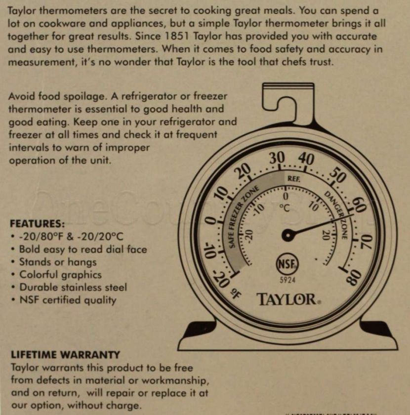 Taylor Classic Refrigerator Freezer Thermometer NEW  