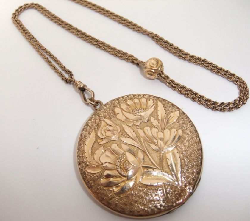   ANTIQUE VICTORIAN GOLD GF ENGRAVED FLOWER LOCKET SLIDER CHAIN NECKLACE