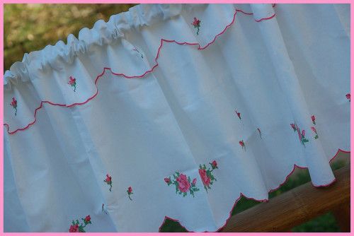 Cross Stitch Embro Pink Rose Cafe/Kitchen Curtain  