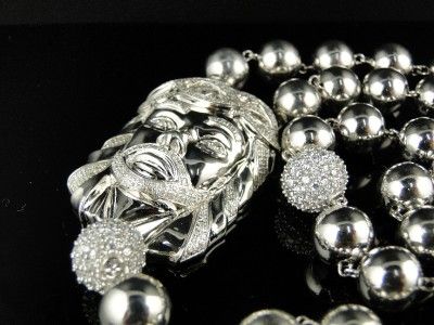 MENS XL BEADED 14 MM WHITE GOLD FINISH BEADED JESUS DIAMOND ROSARY 