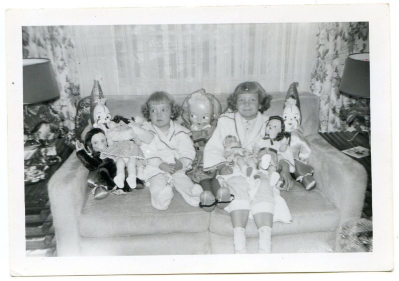 Black White Photo Snapshot Dolls Monkey Clown 1954 Xmas  