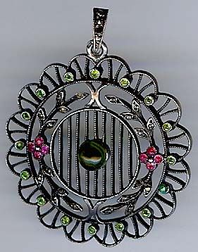 ANTIQUE STERLING SILVER PASTE SEMI PRECIOUS STONES & MARCASITE PENDANT 