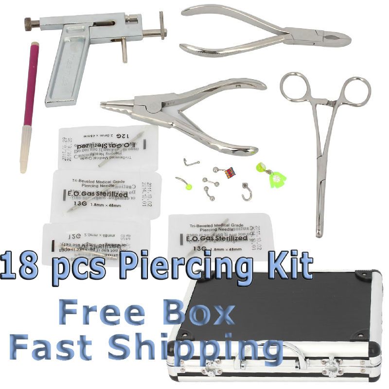 18 pcs Pro Body Piercing Kit Gun Tool Needle Tattoo Navel Ear Tongue 