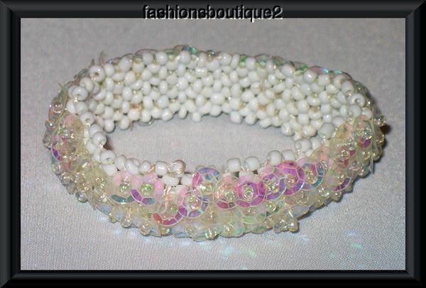 STRETCH PONYTAIL HOLDER OR BRACELET IRIDESCENT SEQUINS WHITE BEADS 