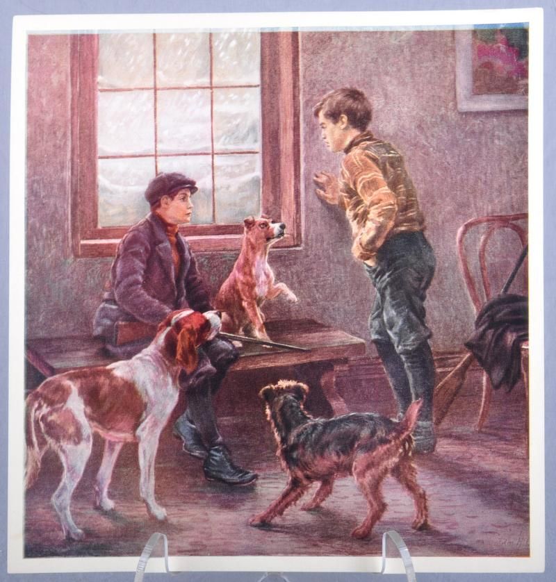 Vintage Print ~ WAITING FOR THE HUNT ~ Boys Dogs Rifles  