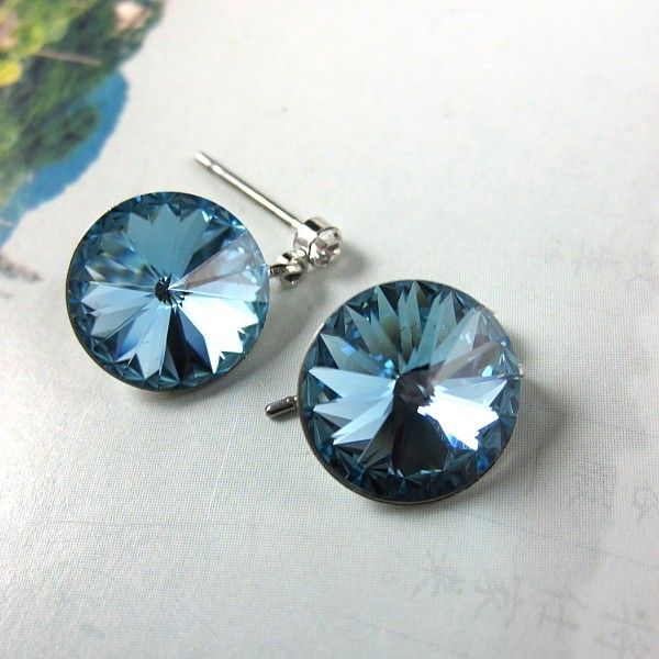 18K GP Ocean Blue round rivoli earrings eardrop 074  