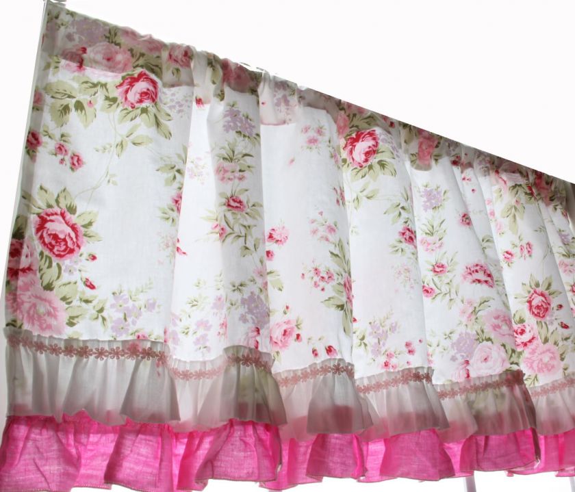   Chic Rose Ruffled Wildflower pink white kitchen curtain valance  