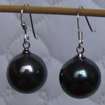 12mm BLACK Sea Shell Pearl Dangle Earrings Silver  