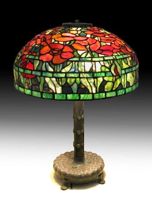 Tiffany Oriental Poppy Lamp, Museum Reproduction Bronze Base Leaded 